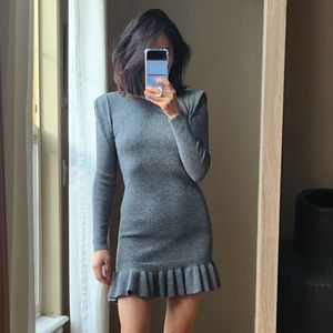 Gray fitted long sleeve mini flare sweater dress S XS